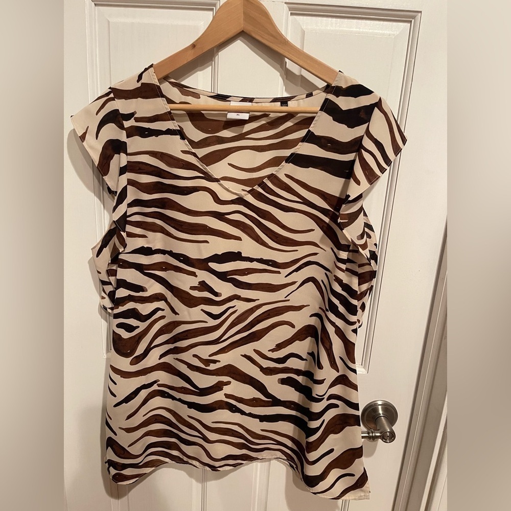 CAbi Zebra Print Blouse in Brown and Cream XL